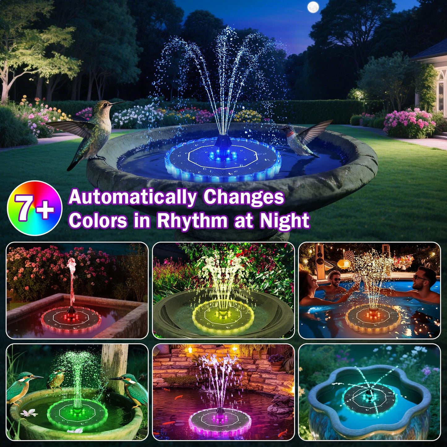 Solar Fountain Colorful Ring Lights, 2026 3.5W Solar Water Fountain with 2000mah Battery, Solar Fountain Pump for Bird Bath, Pond, Pool, Outdoor - Outdoor Solar Outlet