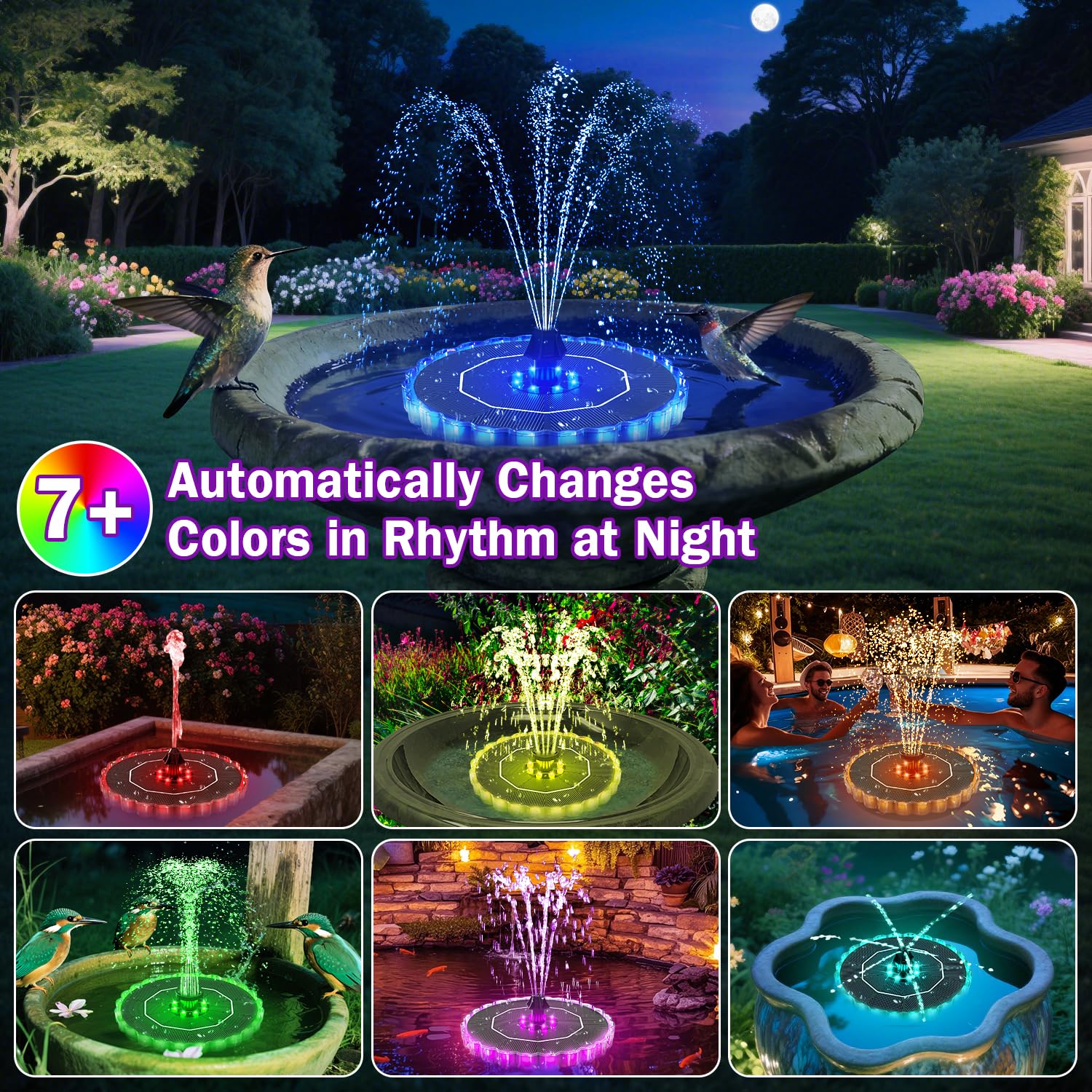 Solar Fountain Colorful Ring Lights, 2026 3.5W Solar Water Fountain with 2000mah Battery, Solar Fountain Pump for Bird Bath, Pond, Pool, Outdoor - Outdoor Solar Outlet