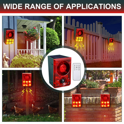Solar Motion Sensor Alarm Outdoor - Dog Barking & Gunshot Sound, Support Recording & Adjustable Volume, 130db Loud Motion Detector Alarm with Strobe Light, Scare Away Coyote, Deer, Bear, Raccoon - Outdoor Solar Outlet
