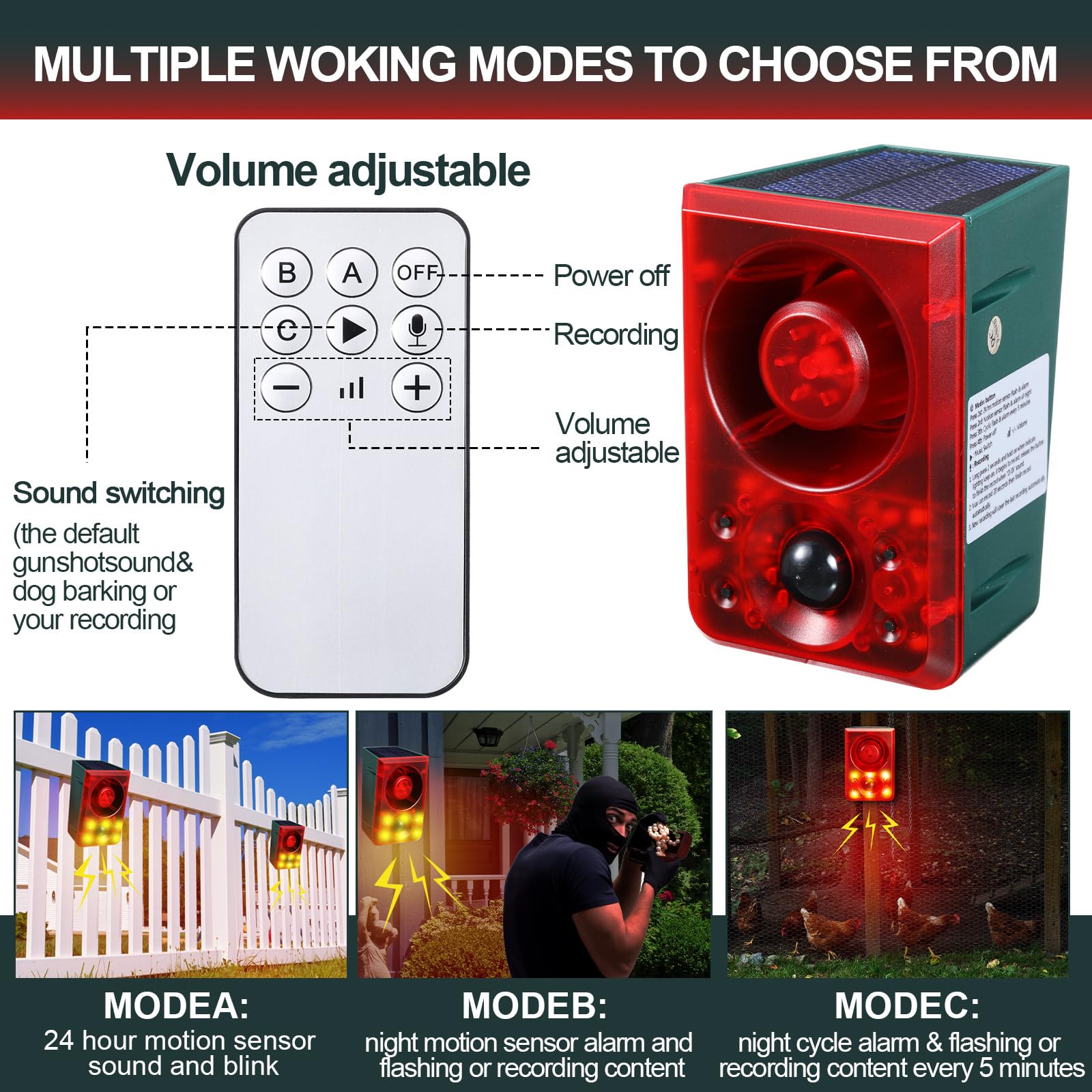 Solar Motion Sensor Alarm Outdoor - Dog Barking & Gunshot Sound, Support Recording & Adjustable Volume, 130db Loud Motion Detector Alarm with Strobe Light, Scare Away Coyote, Deer, Bear, Raccoon - Outdoor Solar Outlet