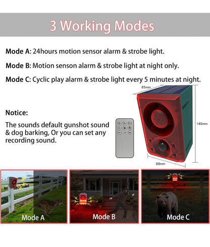 Solar Motion Sensor Alarm Outdoor - Dog Barking & Gunshot Sound, Support Recording & Adjustable Volume, 130db Loud Motion Detector Alarm with Strobe Light, Scare Away Coyote, Deer, Bear, Raccoon - Outdoor Solar Outlet