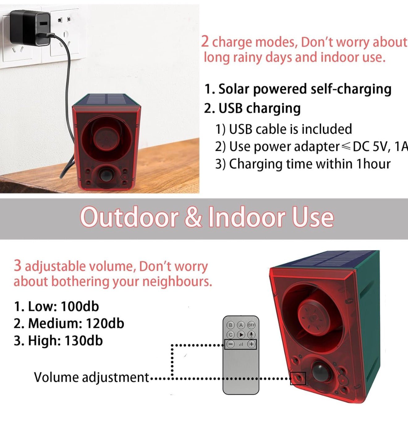 Solar Motion Sensor Alarm Outdoor - Dog Barking & Gunshot Sound, Support Recording & Adjustable Volume, 130db Loud Motion Detector Alarm with Strobe Light, Scare Away Coyote, Deer, Bear, Raccoon - Outdoor Solar Outlet