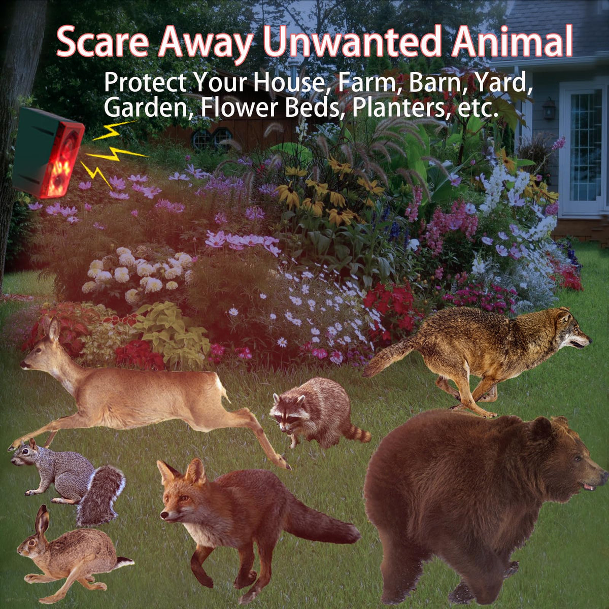 Solar Motion Sensor Alarm Outdoor - Dog Barking & Gunshot Sound, Support Recording & Adjustable Volume, 130db Loud Motion Detector Alarm with Strobe Light, Scare Away Coyote, Deer, Bear, Raccoon - Outdoor Solar Outlet