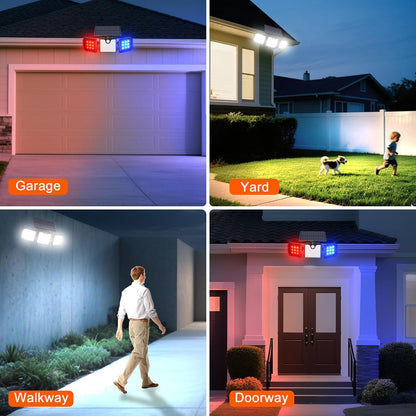 Solar Motion Sensor Lights - IP65 Waterproof Solar Strobe Wall Lights - Bright White/Red & Blue Flashing - Outdoor Solar Outlet