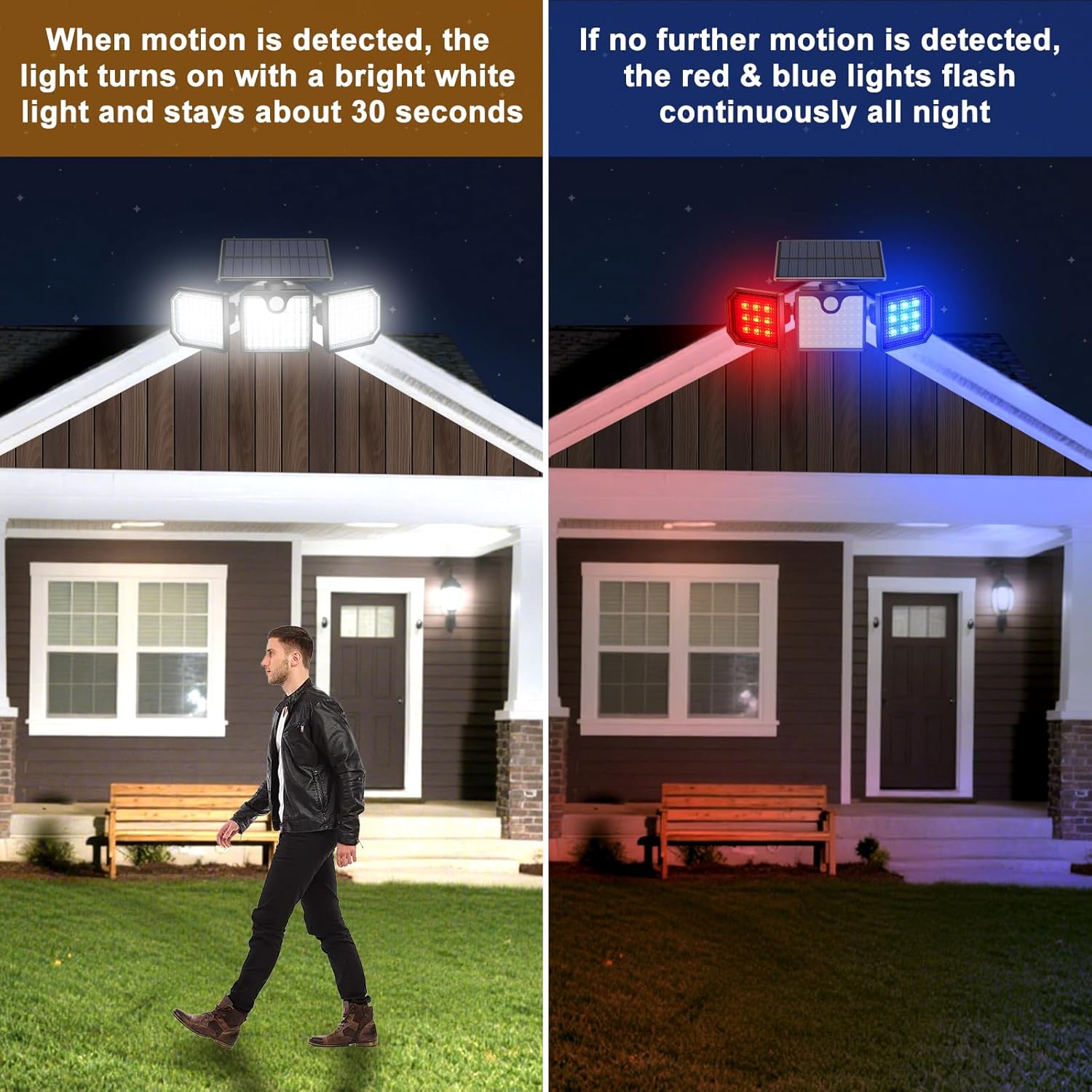 Solar Motion Sensor Lights - IP65 Waterproof Solar Strobe Wall Lights - Bright White/Red & Blue Flashing - Outdoor Solar Outlet