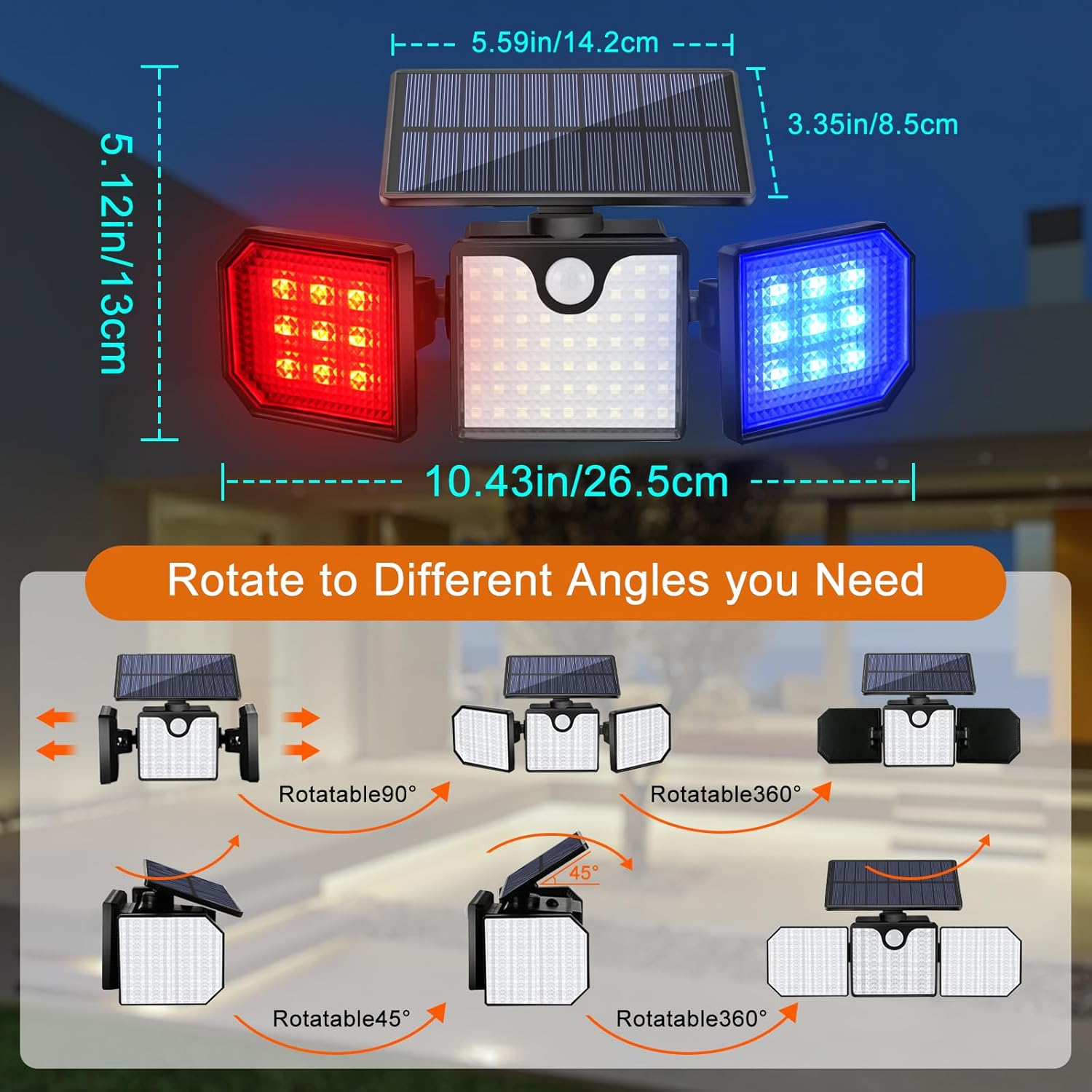 Solar Motion Sensor Lights - IP65 Waterproof Solar Strobe Wall Lights - Bright White/Red & Blue Flashing - Outdoor Solar Outlet