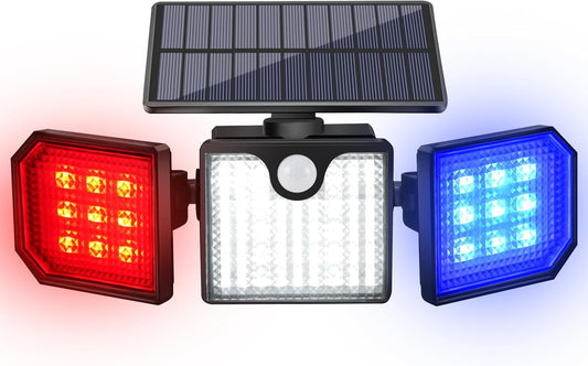 Solar Motion Sensor Lights - IP65 Waterproof Solar Strobe Wall Lights - Bright White/Red & Blue Flashing - Outdoor Solar Outlet