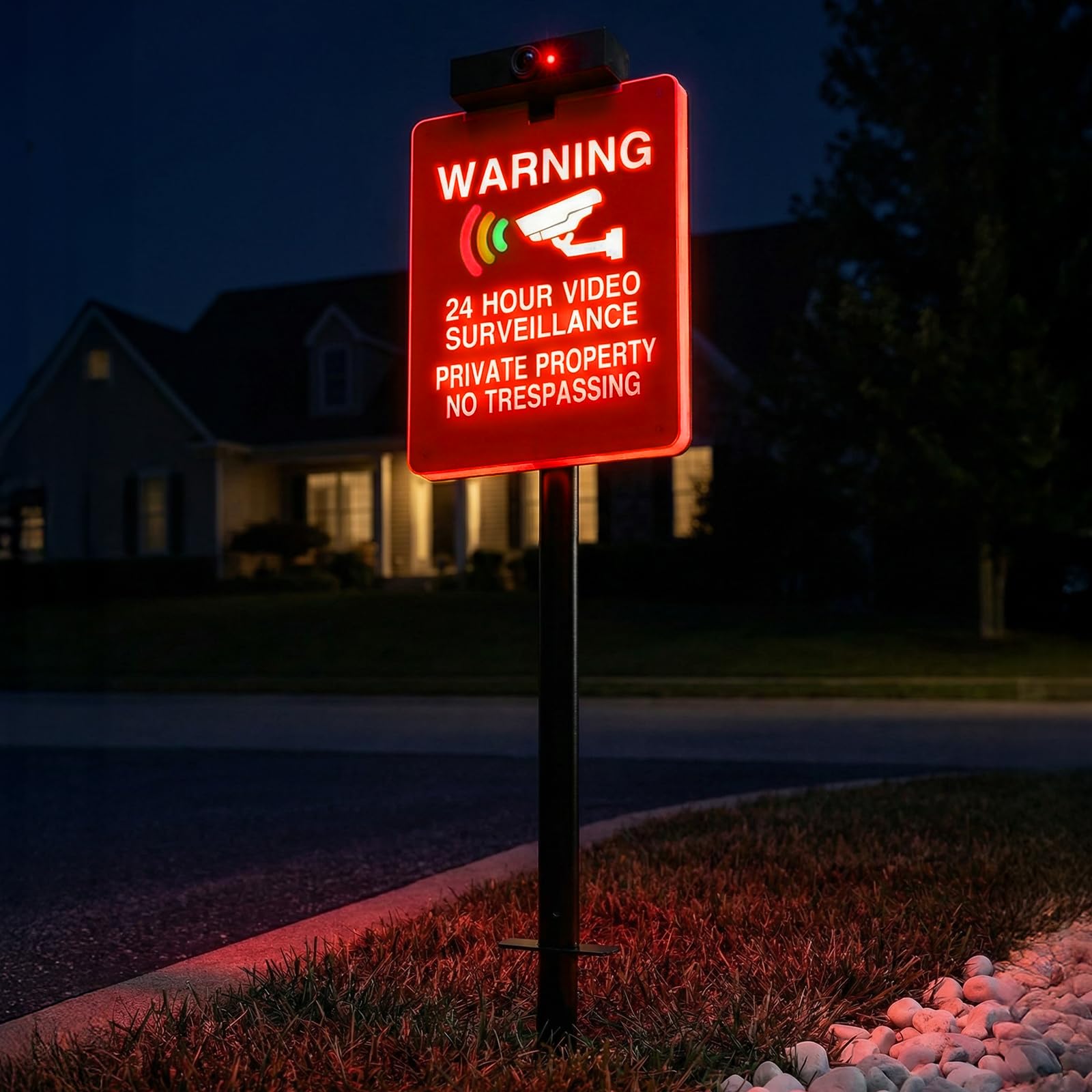 Solar No Trespassing Yard Sign with Stake — Active Nighttime Illumination, Highly Visible Metal & ABS Private Property Sign, Solar + Type-C Charging