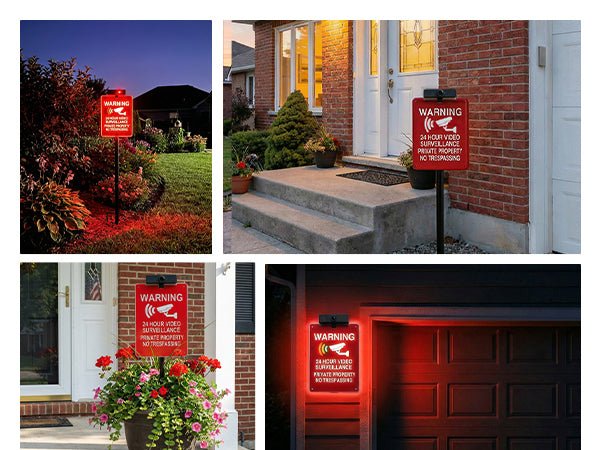 Solar No Trespassing Yard Sign with Stake — Active Nighttime Illumination, Highly Visible Metal & ABS Private Property Sign, Solar + Type-C Charging - Outdoor Solar Outlet