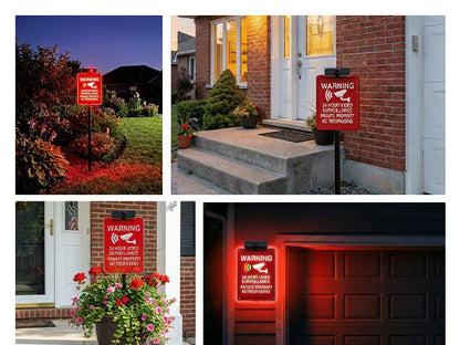 Solar No Trespassing Yard Sign with Stake — Active Nighttime Illumination, Highly Visible Metal & ABS Private Property Sign, Solar + Type-C Charging - Outdoor Solar Outlet