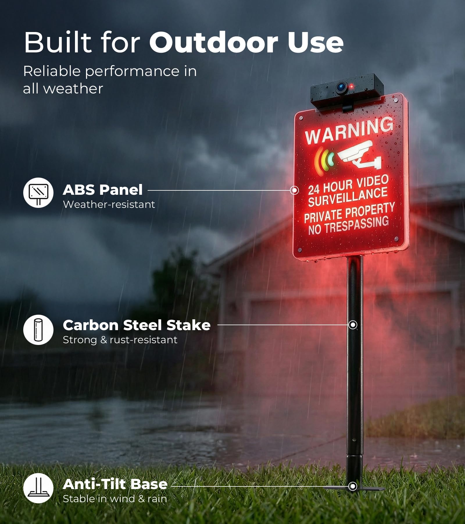 Solar No Trespassing Yard Sign with Stake — Active Nighttime Illumination, Highly Visible Metal & ABS Private Property Sign, Solar + Type-C Charging - Outdoor Solar Outlet