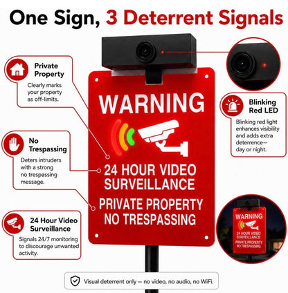Solar No Trespassing Yard Sign with Stake — Active Nighttime Illumination, Highly Visible Metal & ABS Private Property Sign, Solar + Type-C Charging - Outdoor Solar Outlet