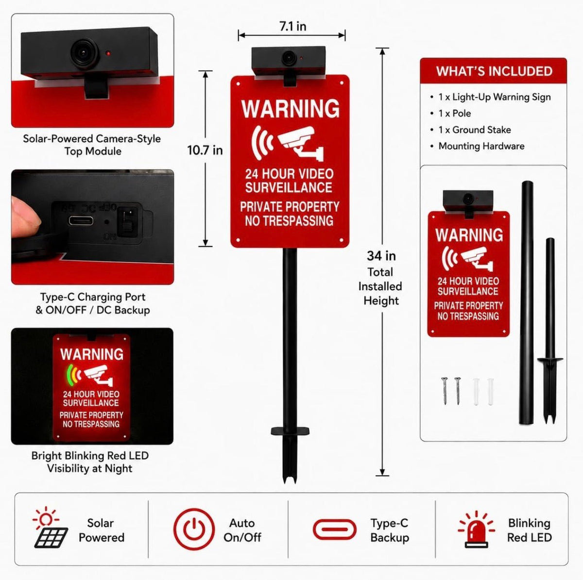 Solar No Trespassing Yard Sign with Stake — Active Nighttime Illumination, Highly Visible Metal & ABS Private Property Sign, Solar + Type-C Charging - Outdoor Solar Outlet