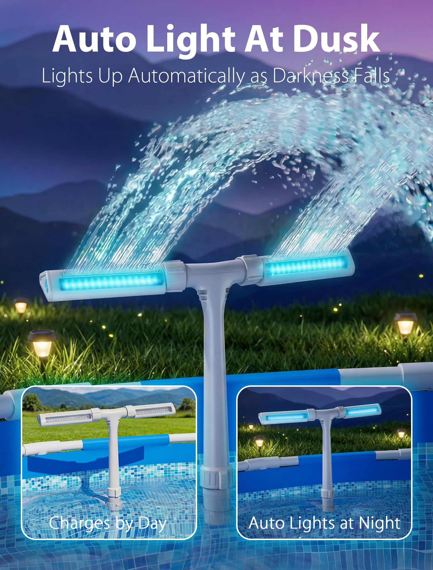 Solar Pool Fountain with 10-Color 4-Modes Lights, Dual Spray Waterfall Sprinkler 360° Adjustable, Compatible with Above & Inground Pools - Outdoor Solar Outlet