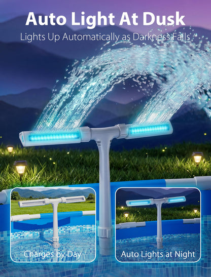 Solar Pool Fountain with 10-Color 4-Modes Lights, Dual Spray Waterfall Sprinkler 360° Adjustable, Compatible with Above & Inground Pools - Outdoor Solar Outlet