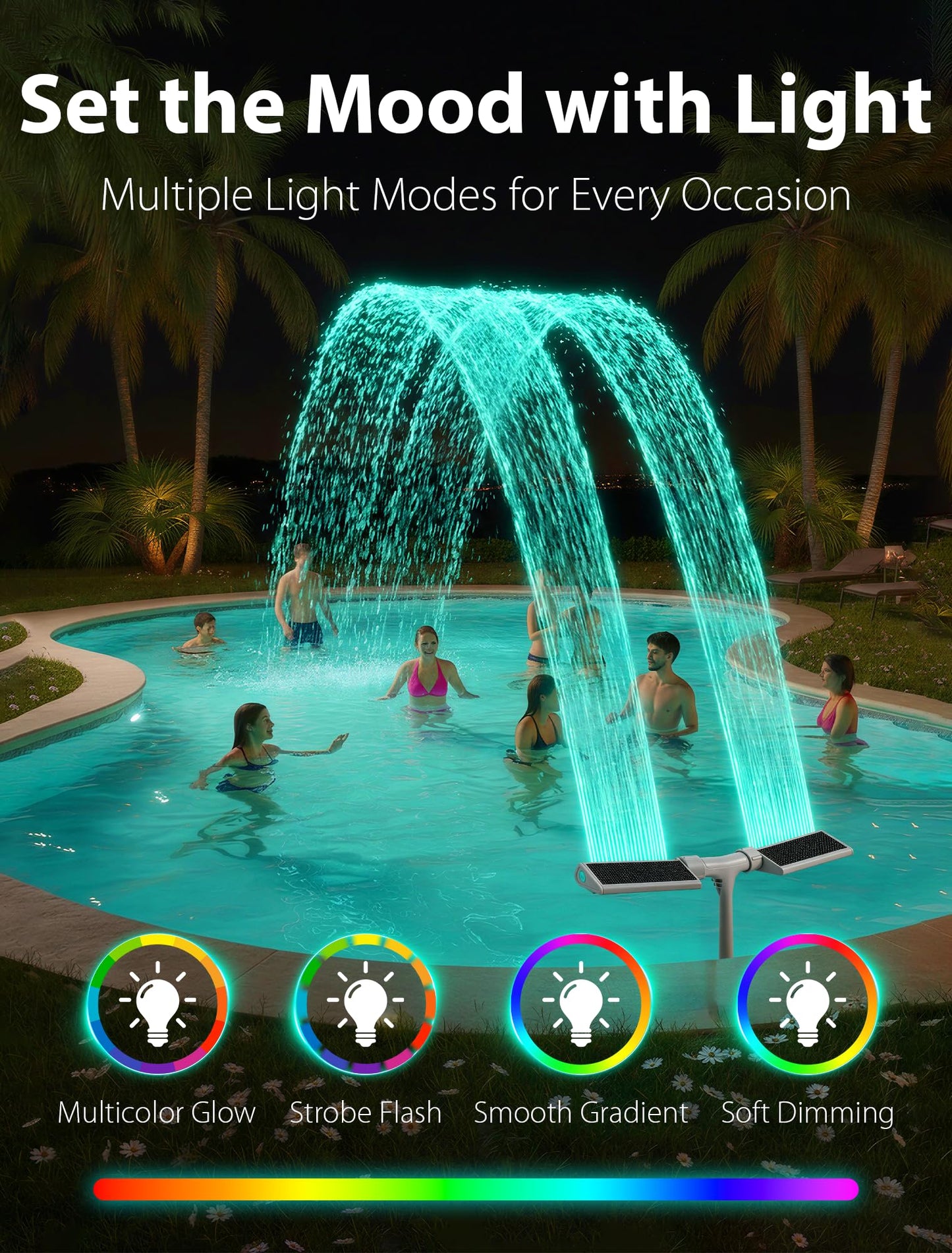 Solar Pool Fountain with 10-Color 4-Modes Lights, Dual Spray Waterfall Sprinkler 360° Adjustable, Compatible with Above & Inground Pools - Outdoor Solar Outlet