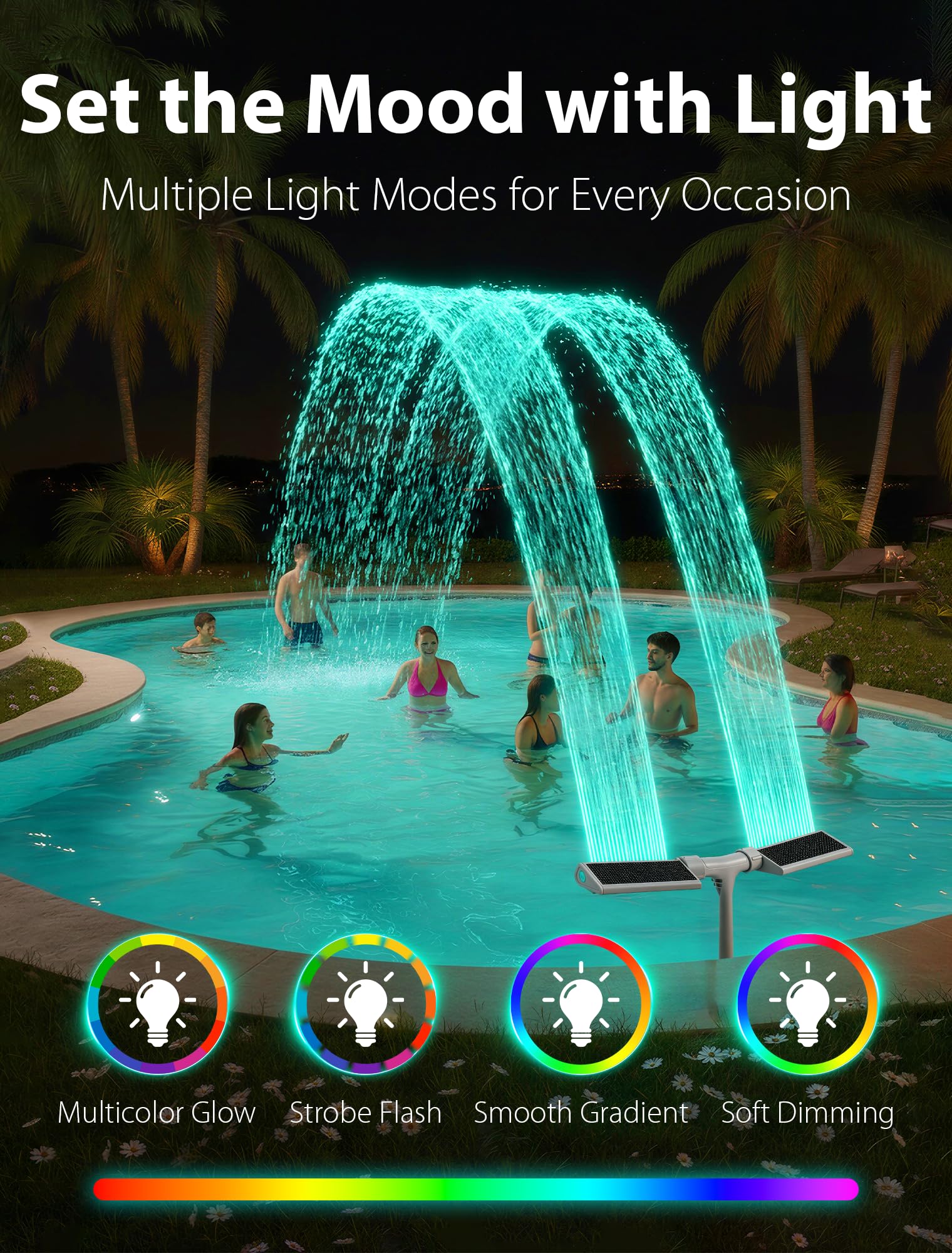 Solar Pool Fountain with 10-Color 4-Modes Lights, Dual Spray Waterfall Sprinkler 360° Adjustable, Compatible with Above & Inground Pools - Outdoor Solar Outlet