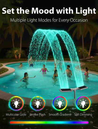 Solar Pool Fountain with 10-Color 4-Modes Lights, Dual Spray Waterfall Sprinkler 360° Adjustable, Compatible with Above & Inground Pools - Outdoor Solar Outlet