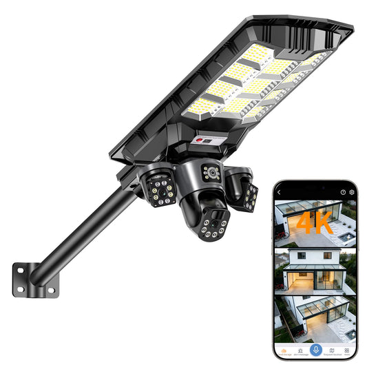 Solar Security Camera Light – 3-Camera 360° PTZ System, Color Night Vision, Two-Way Audio, IP66 - Outdoor Solar Outlet