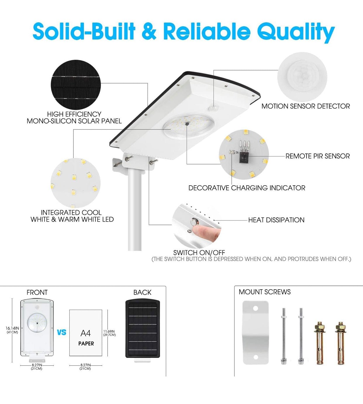 Solar Street Lights Outdoor, Cool White/Warm White Solar Street Light Dusk to Dawn/Motion Sensor, 1300LM IP65 Waterproof, Dimmable Remote Control - Outdoor Solar Outlet