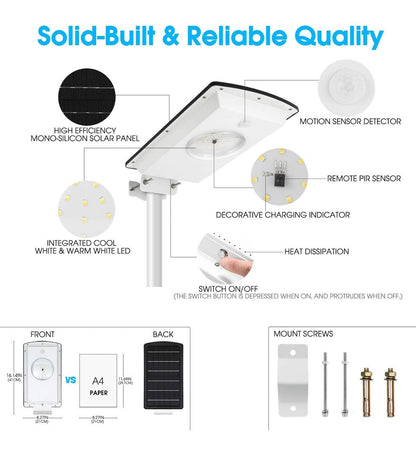 Solar Street Lights Outdoor, Cool White/Warm White Solar Street Light Dusk to Dawn/Motion Sensor, 1300LM IP65 Waterproof, Dimmable Remote Control - Outdoor Solar Outlet