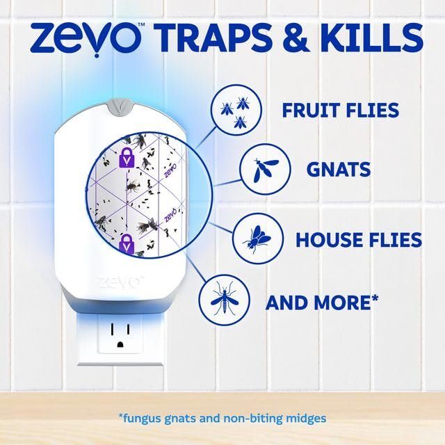 Zevo 1 Flying Insect Traps & 2 Refill Cartridges - Plug in Fly Trap & Indoor Bug Catcher for Gnats, House & Fruit Flies - Blue & UV Light Technology, Mess-Free Alternative to Bug Zapper - Outdoor Solar Outlet