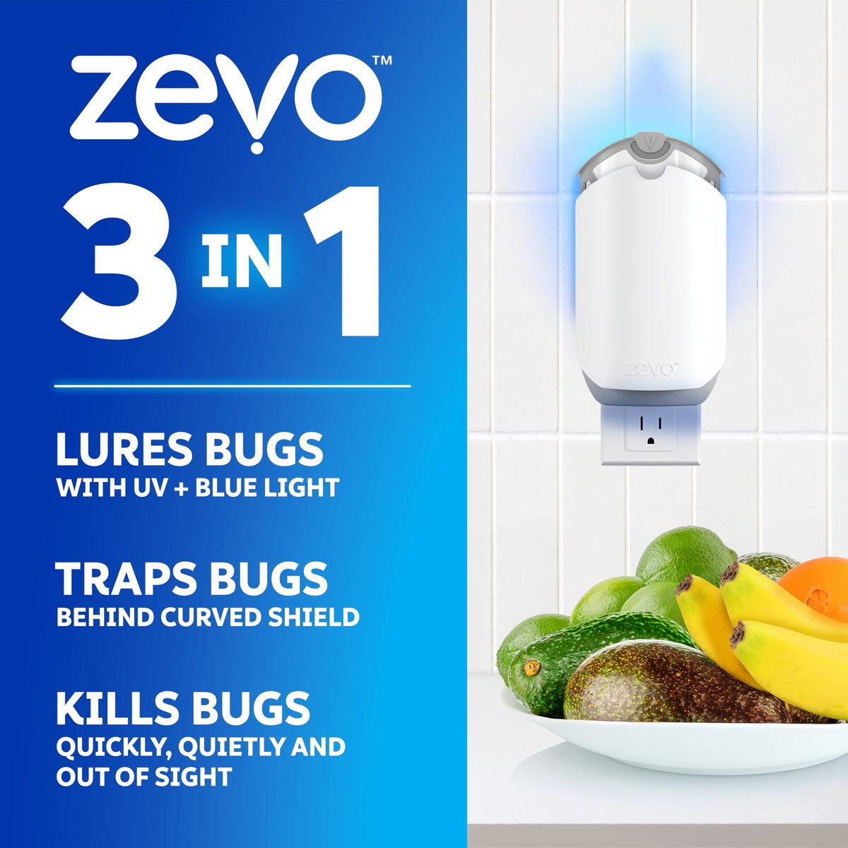 Zevo 1 Flying Insect Traps & 2 Refill Cartridges - Plug in Fly Trap & Indoor Bug Catcher for Gnats, House & Fruit Flies - Blue & UV Light Technology, Mess-Free Alternative to Bug Zapper - Outdoor Solar Outlet