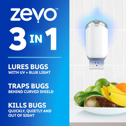 Zevo 1 Flying Insect Traps & 2 Refill Cartridges - Plug in Fly Trap & Indoor Bug Catcher for Gnats, House & Fruit Flies - Blue & UV Light Technology, Mess-Free Alternative to Bug Zapper - Outdoor Solar Outlet