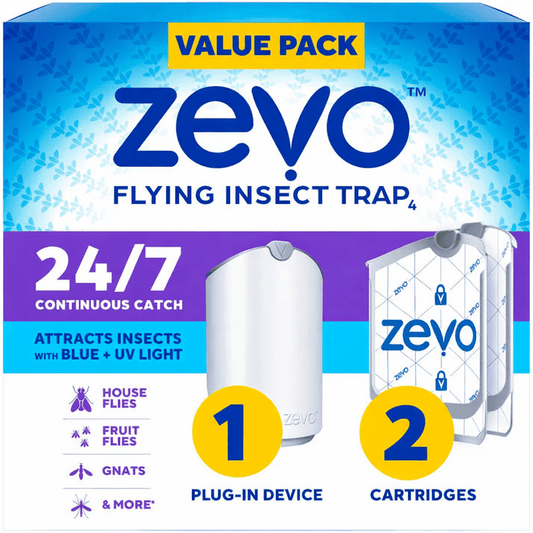 Zevo 1 Flying Insect Traps & 2 Refill Cartridges - Plug in Fly Trap & Indoor Bug Catcher for Gnats, House & Fruit Flies - Blue & UV Light Technology, Mess-Free Alternative to Bug Zapper - Outdoor Solar Outlet