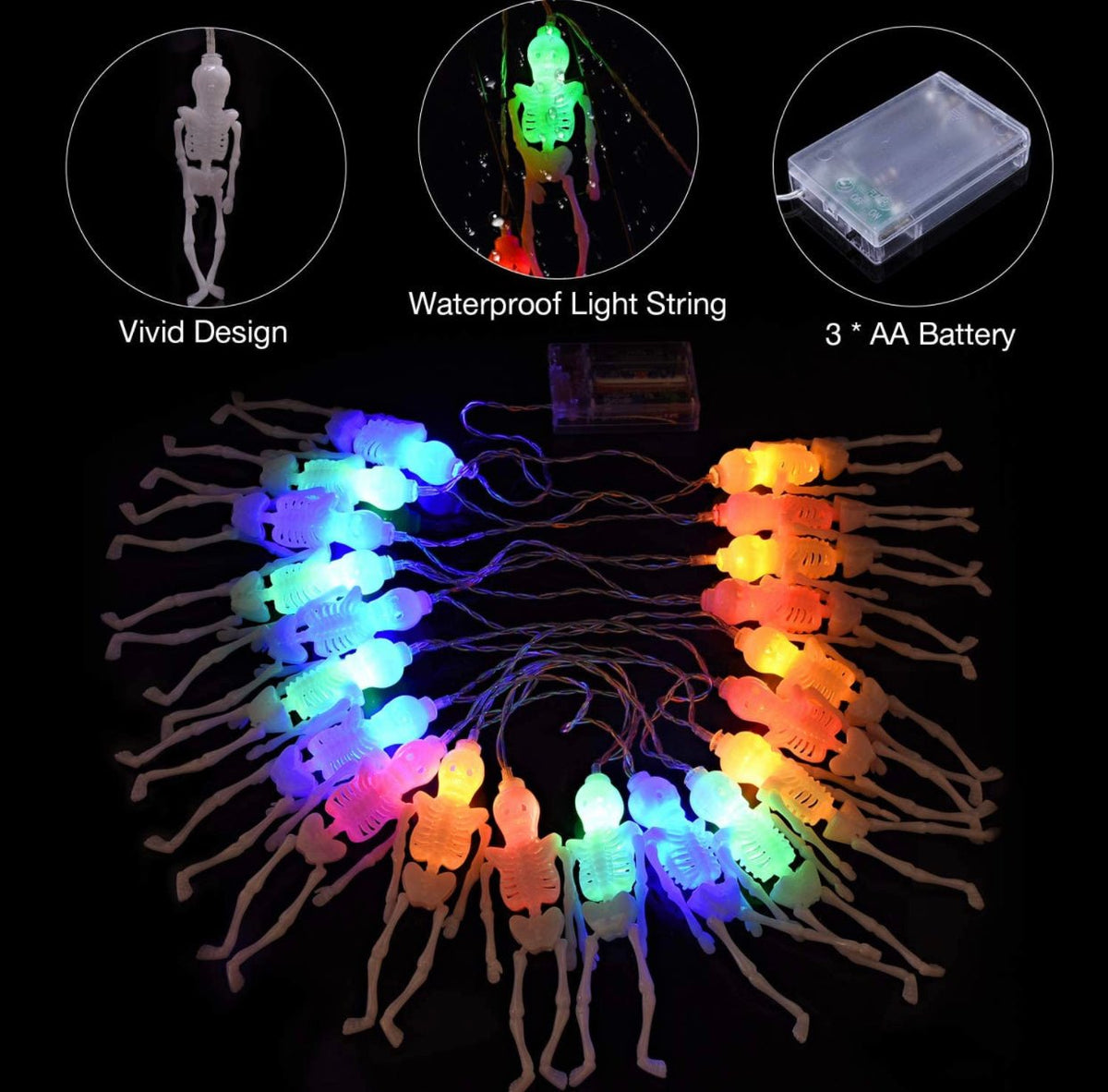 10Ft Solar Powered Skeleton Lights Halloween String Lights -20LEDs 2 Lighting Modes - Outdoor Solar Outlet
