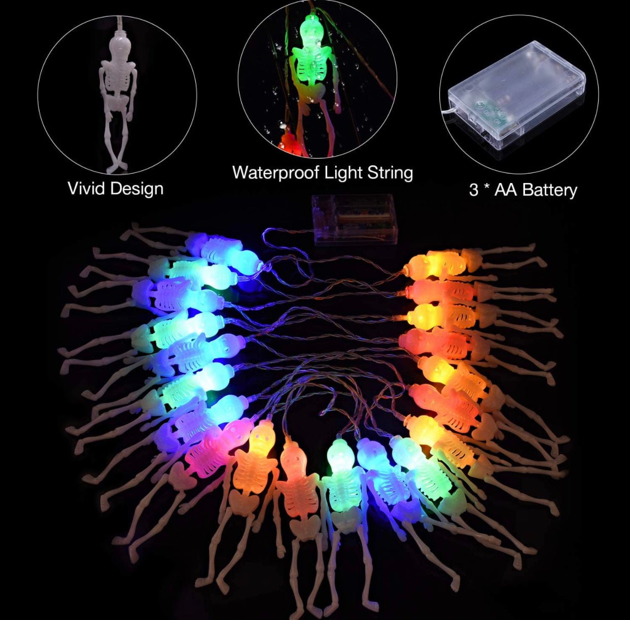 10Ft Solar Powered Skeleton Lights Halloween String Lights -20LEDs 2 Lighting Modes - Outdoor Solar Outlet