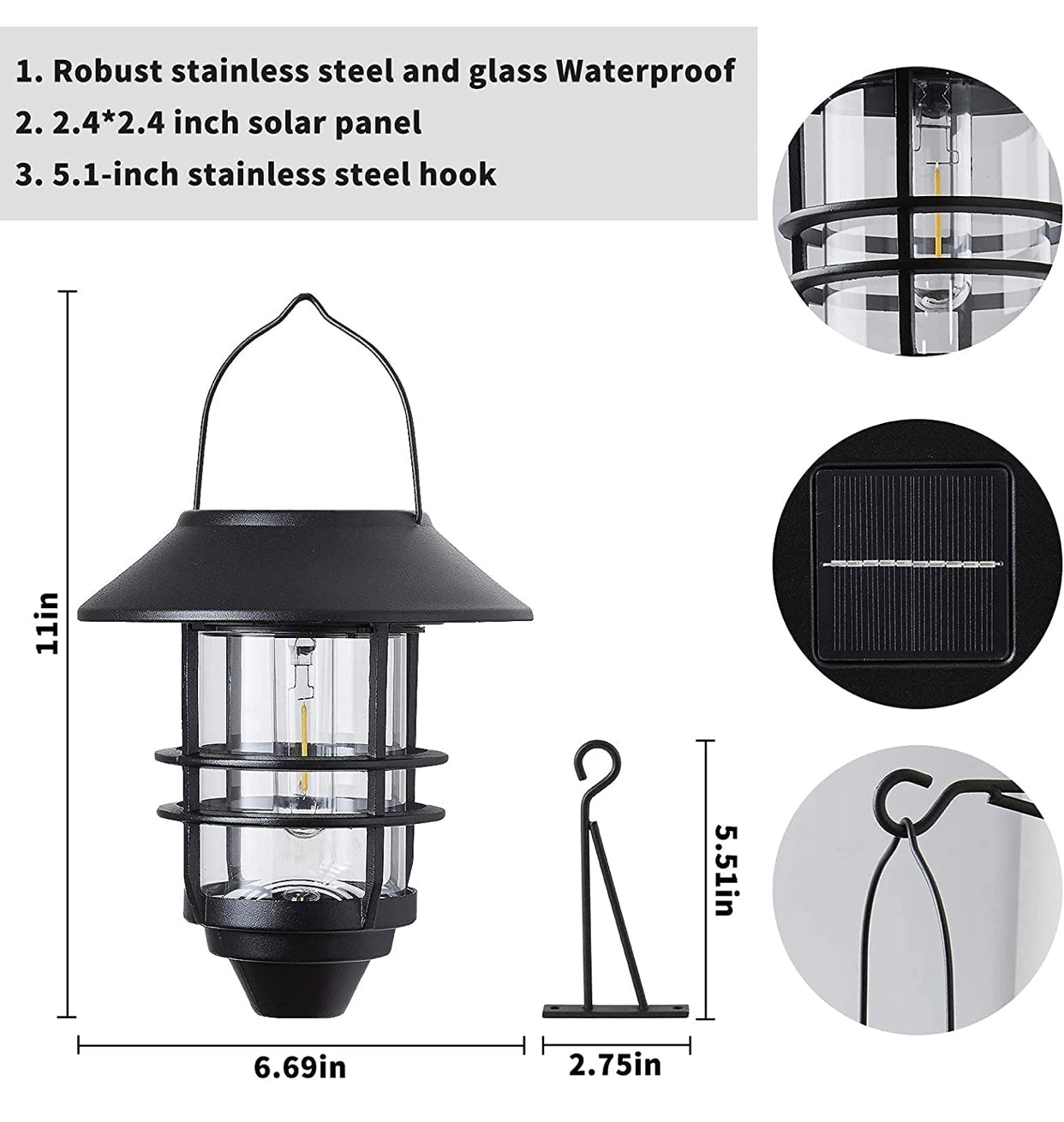 2 Pack Security Solar Hanging Lanterns , Wall/Porch Lights 15 Lumen Heavy Glass & Stainless - Outdoor Solar Outlet