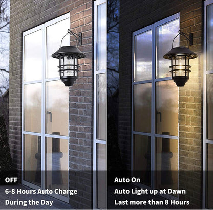 2 Pack Security Solar Hanging Lanterns , Wall/Porch Lights 15 Lumen Heavy Glass & Stainless - Outdoor Solar Outlet