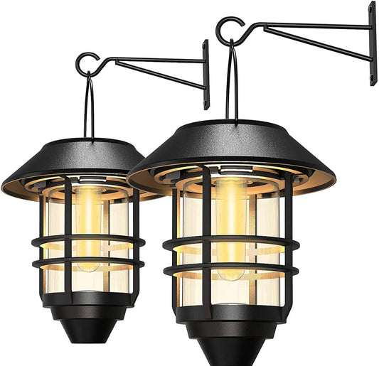 2 Pack Security Solar Hanging Lanterns , Wall/Porch Lights 15 Lumen Heavy Glass & Stainless - Outdoor Solar Outlet