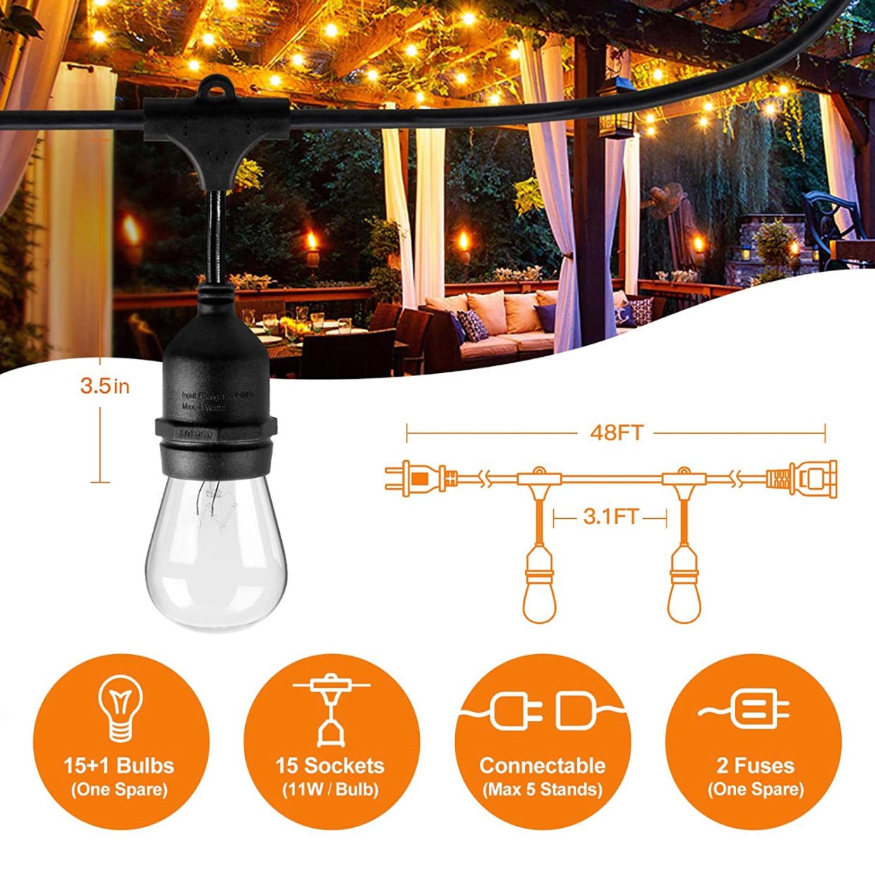 24Ft Plug-In LED Outdoor String Lights Waterproof- Hanging, Dimmable 2W Vintage Edison Bulbs - Outdoor Solar Outlet