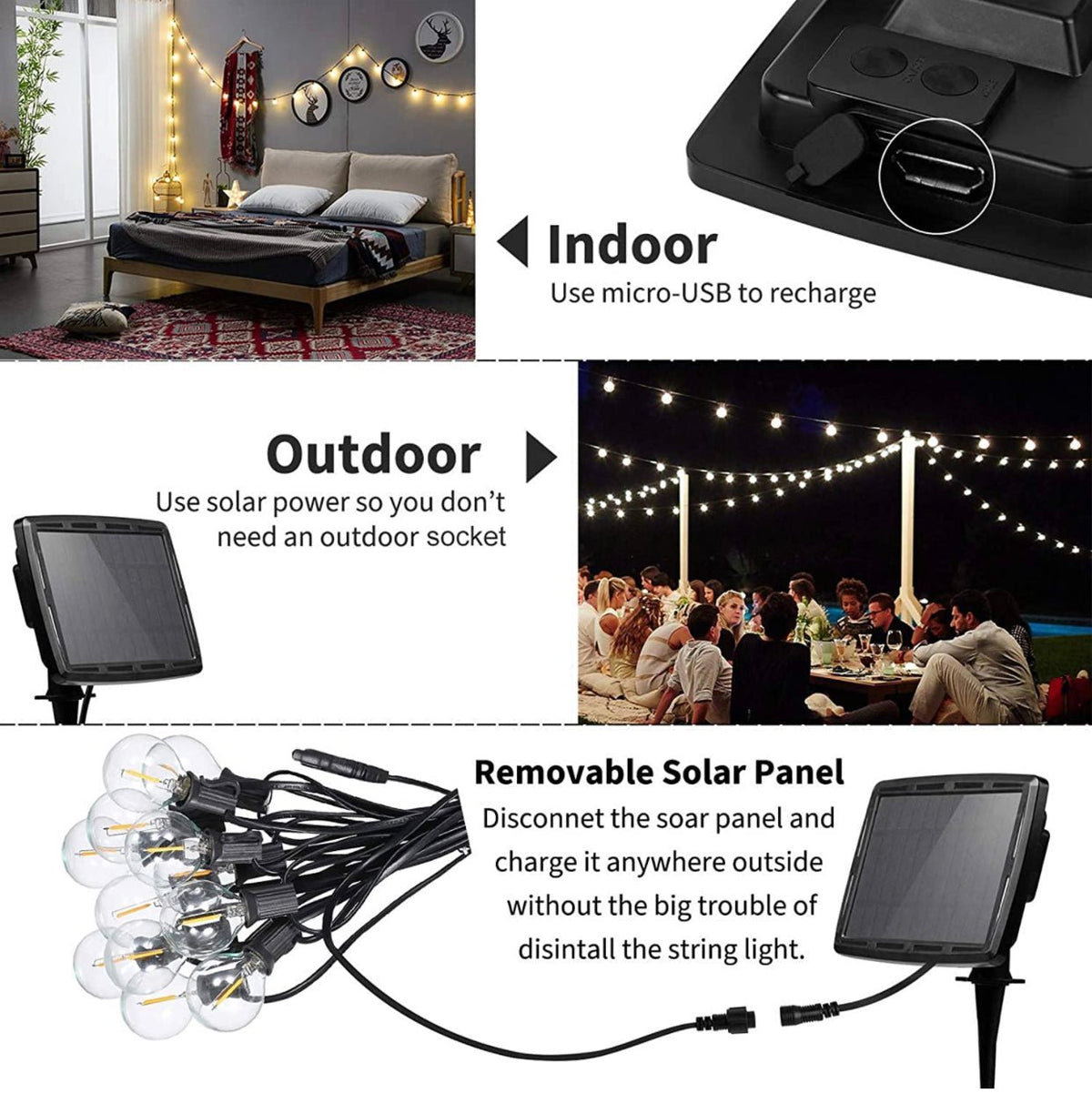 27 Ft Pro - Globe Solar LED Outdoor String Lights – Waterproof, G40 Retro Edison Filament Bulbs -Warm White - Outdoor Solar Outlet