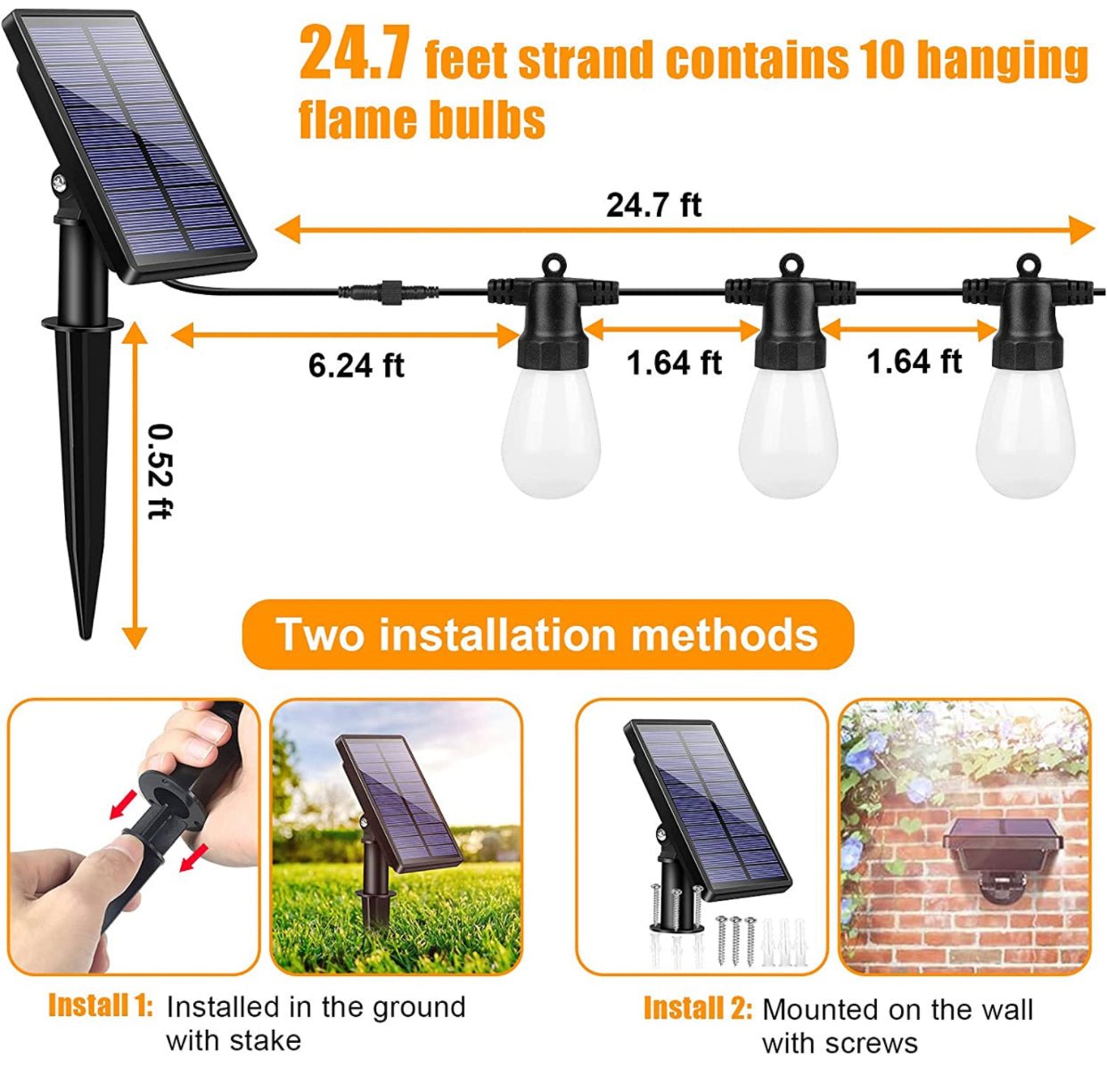 27Ft Solar Flickering LED Bulbs - Solar Panel Powered Hanging String Lights -12 Bulbs - Outdoor Solar Outlet
