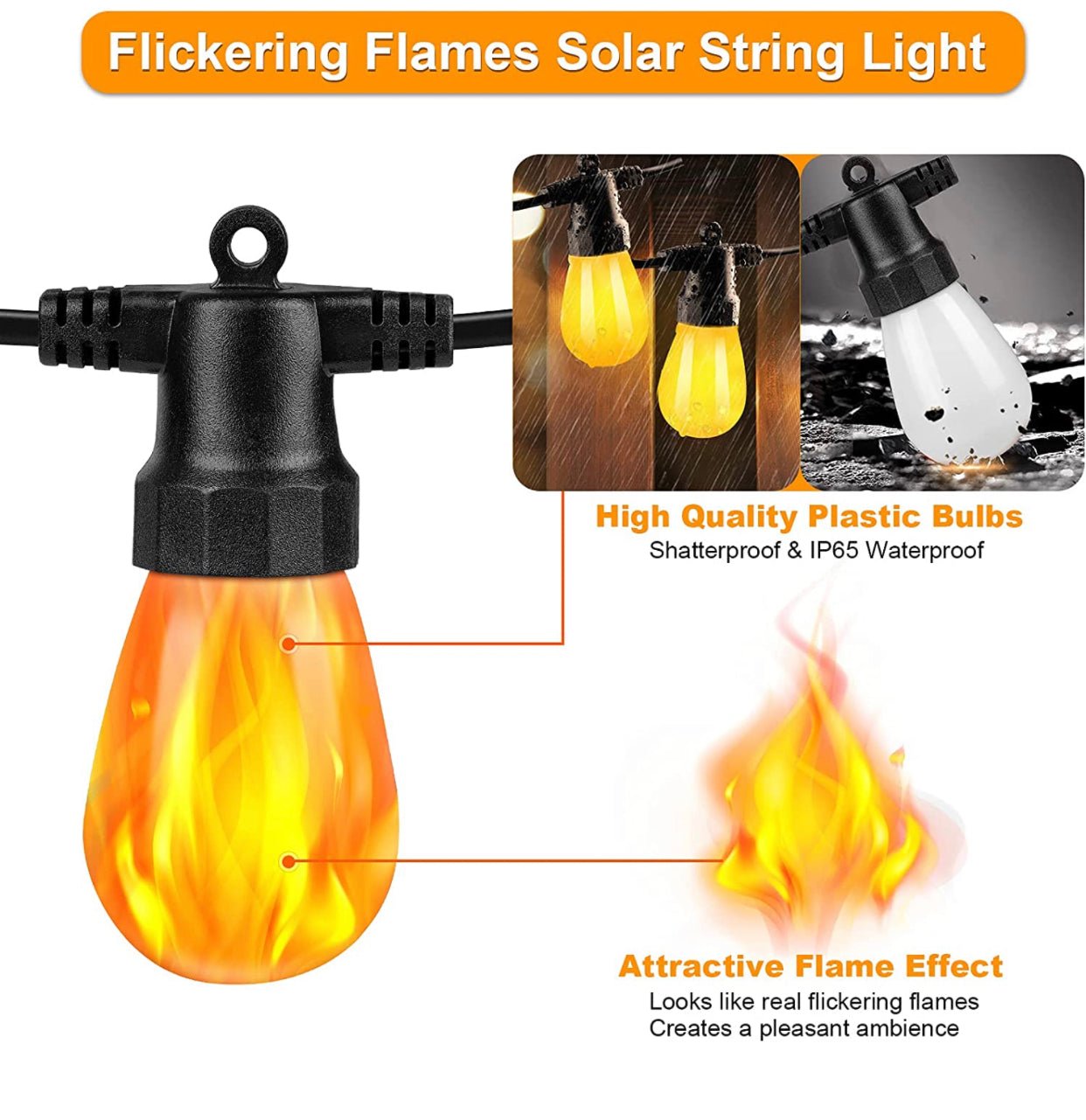 27Ft Solar Flickering LED Bulbs - Solar Panel Powered Hanging String Lights -12 Bulbs - Outdoor Solar Outlet