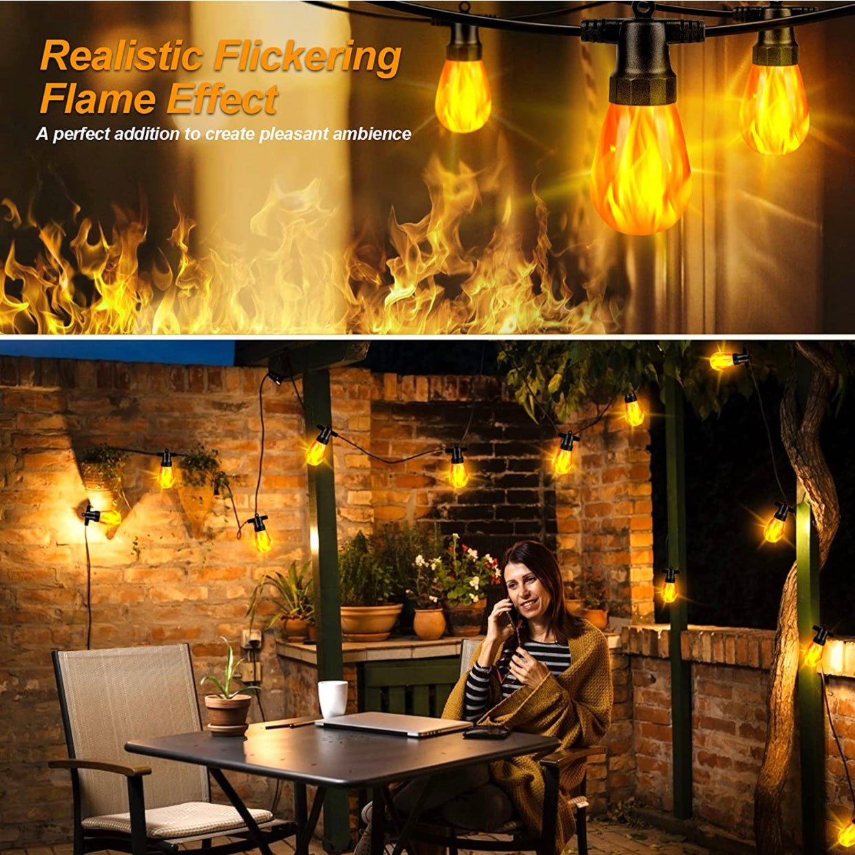 27Ft Solar Flickering LED Bulbs - Solar Panel Powered Hanging String Lights -12 Bulbs - Outdoor Solar Outlet