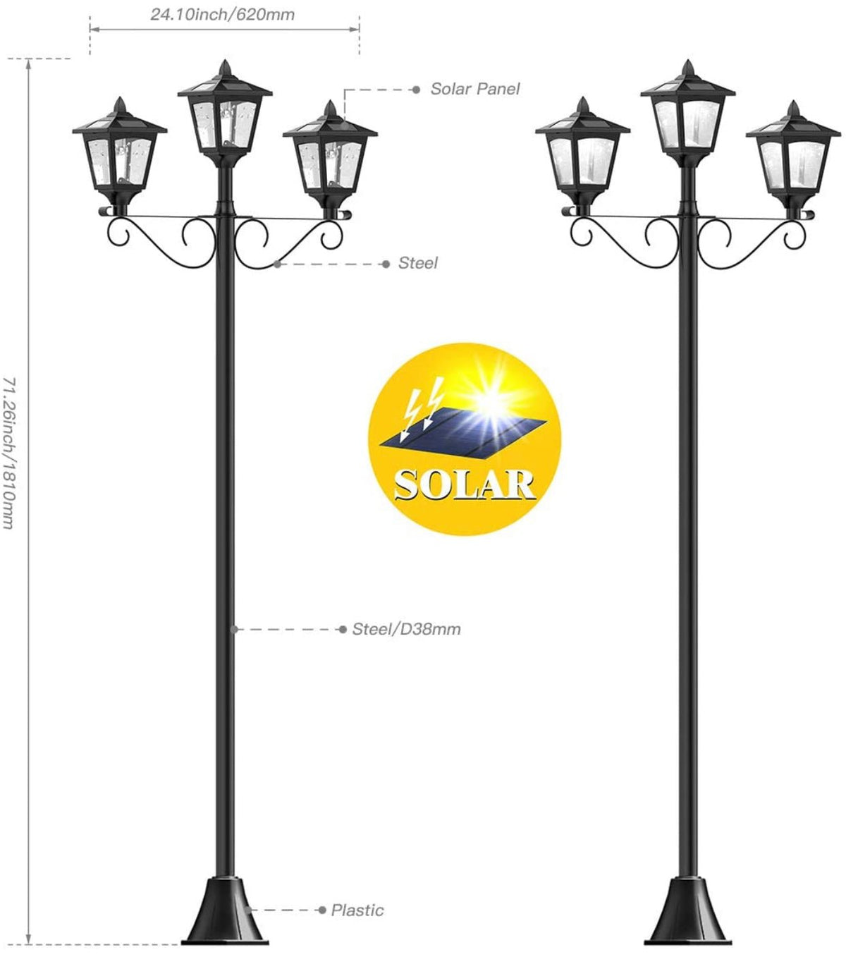 3 Fixture Outdoor Solar LED Lamp Post With 50 Lumen - 72Inch - Outdoor Solar Outlet
