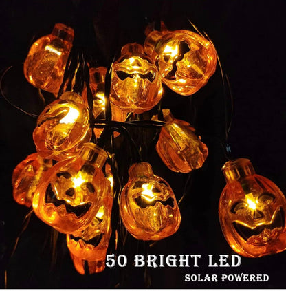 33Ft Solar Powered Pumpkin Halloween String Lights 50 LED with 8 Lighting Modes - Outdoor Solar Outlet