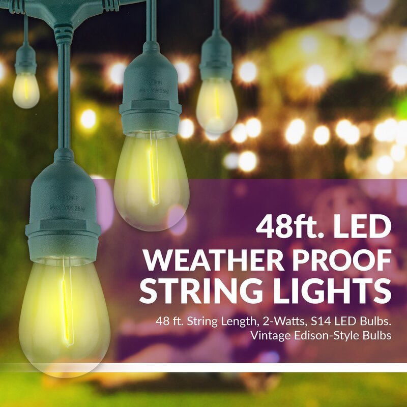 48 Ft Plug-In LED Outdoor String Lights Waterproof- Hanging, Dimmable 2W Vintage Edison Bulbs - Outdoor Solar Outlet