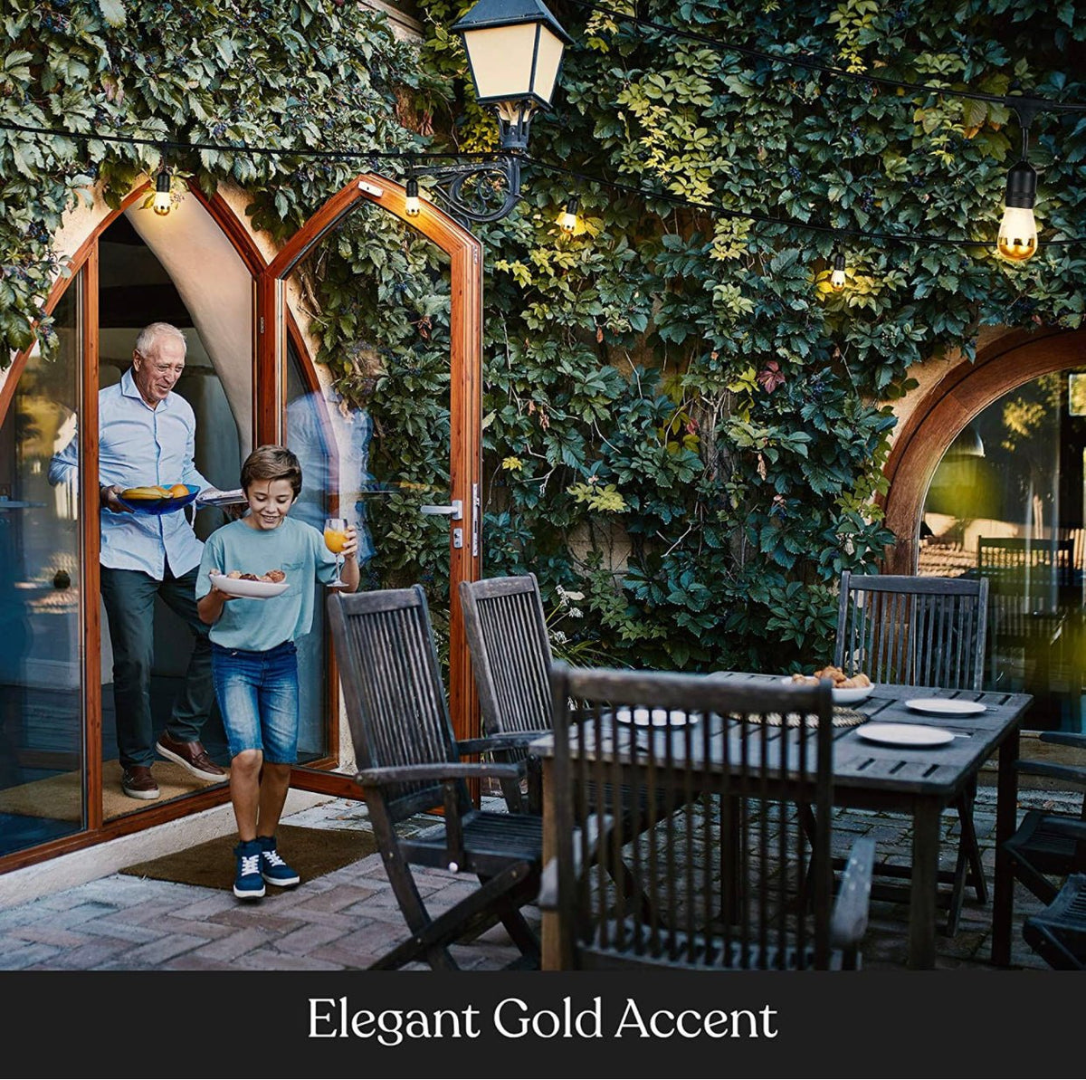 48Ft Plug-In Ambience Pro - Anti Glare, Beautiful Gold Tip Outdoor String Lights Dimmable LED Bulbs - 48 Ft - Outdoor Solar Outlet