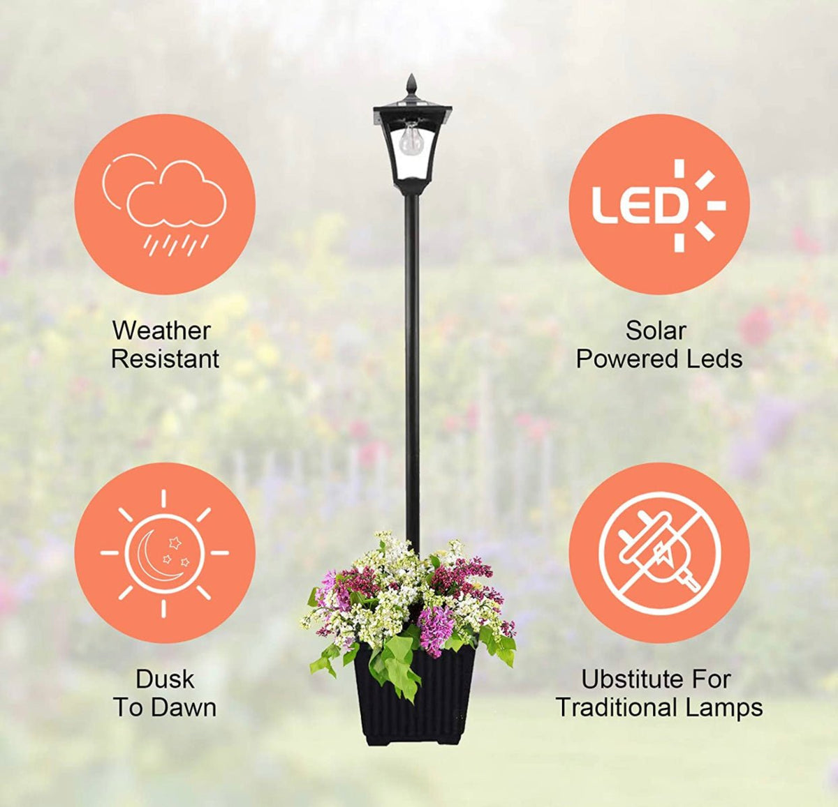 64 Inch Solar Lamp Post Lights Outdoor with Planter, 70 Lumen Solar Powered with 4 Adjustable Height- Black - Outdoor Solar Outlet