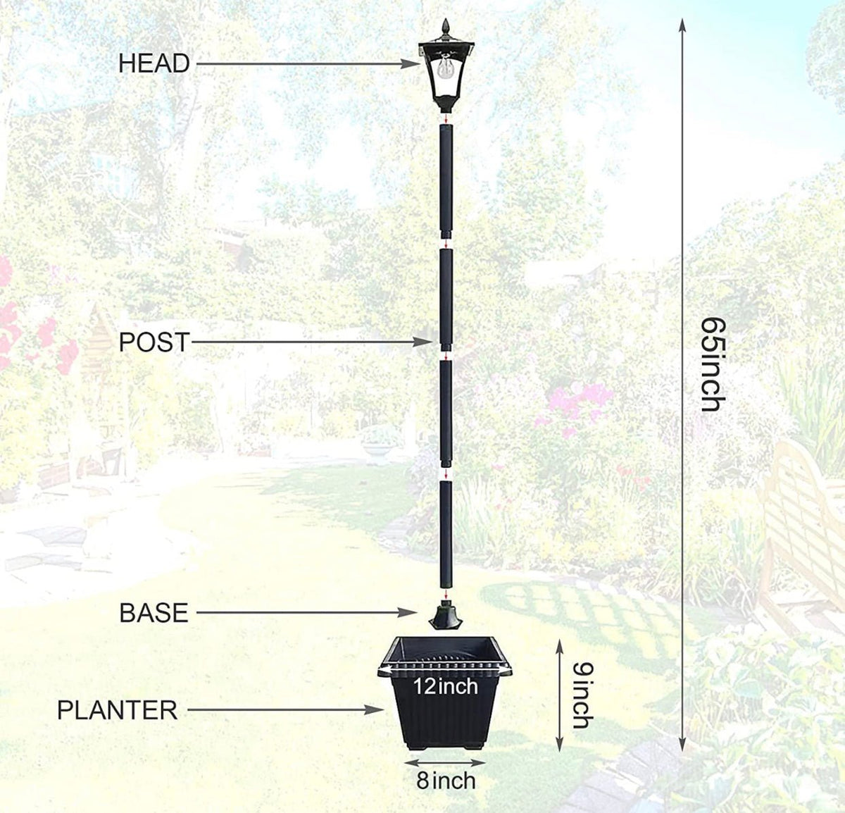 64 Inch Solar Lamp Post Lights Outdoor with Planter, 70 Lumen Solar Powered with 4 Adjustable Height- Black - Outdoor Solar Outlet