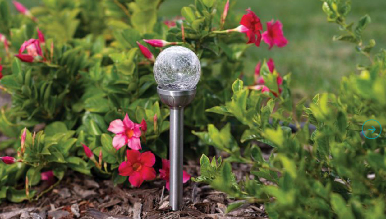 Steel-Solar-Crackle-Glass-Ball-Pathway-LED-Light-Day-Garden-View