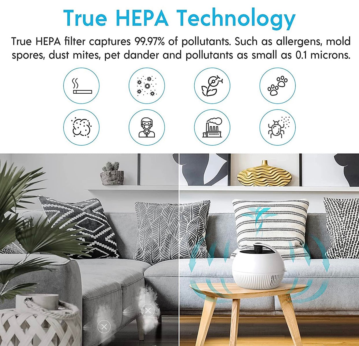 Air Purifier for Allergies, Air Choice True HEPA Filter Air Purifier, Remove 99.97% of Dust Smoke,Portable and 25dB Quiet Air Purifier - Outdoor Solar Outlet