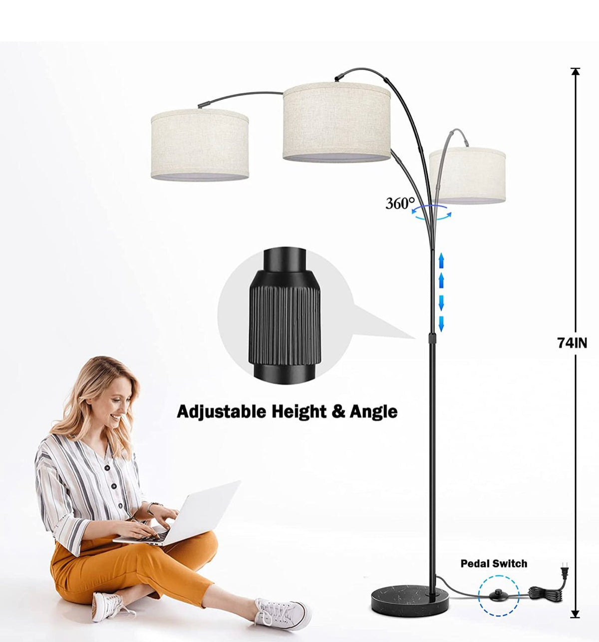 Arc Floor Lamp Modern Standing Lamp for Living Room Dimmable 74” Tall - Outdoor Solar Outlet