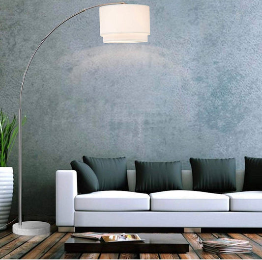 Arc Floor Lamp with Unique Hanging Drum - Arching Over The Couch - Outdoor Solar Outlet