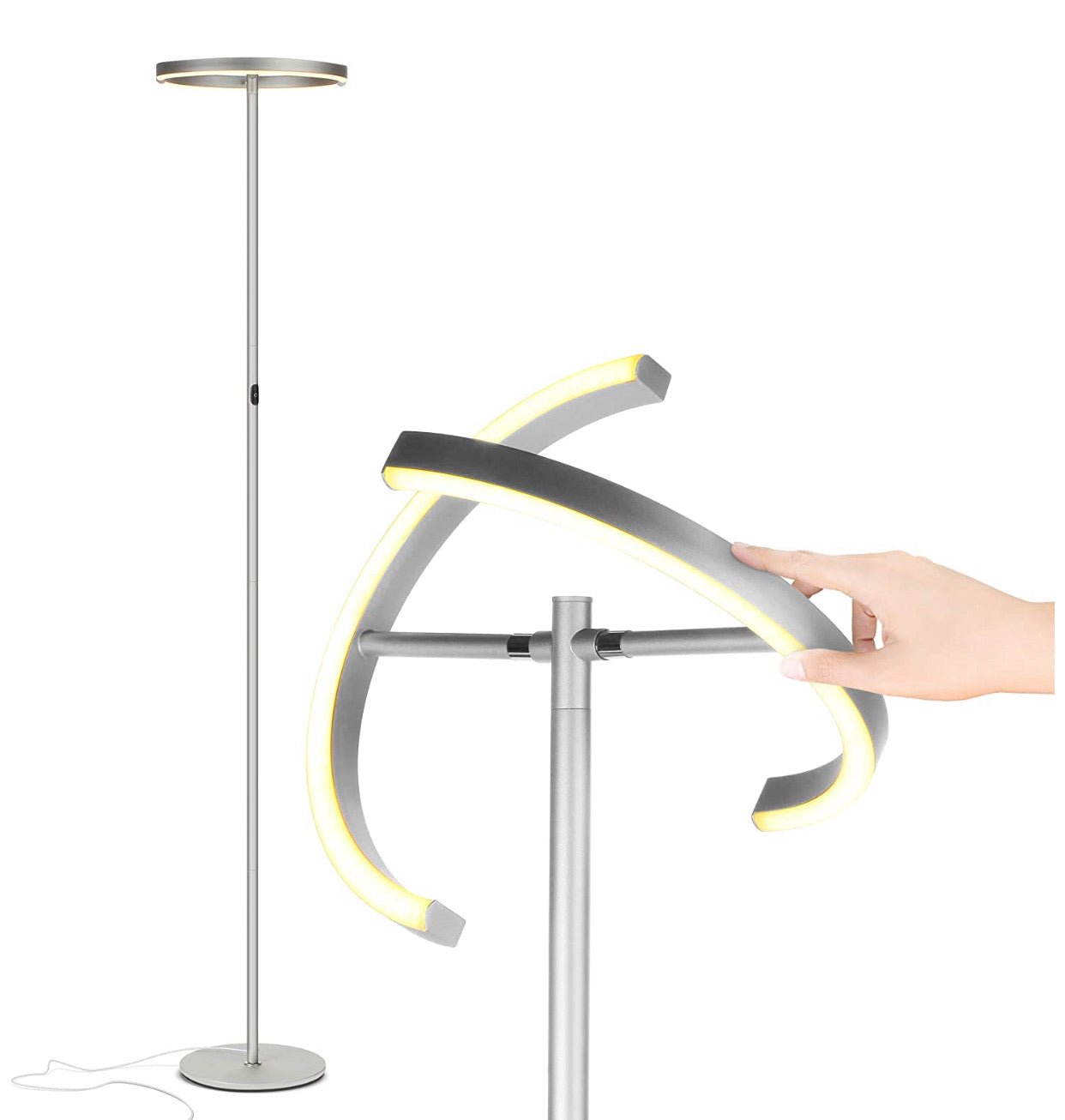 Click Split - Modern LED Torchiere Floor Lamp, Dimmable Uplight for Reading in Your Bedroom or Living Room - Outdoor Solar Outlet